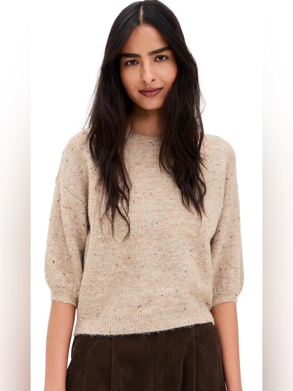 ASTR the Label womens lge beige speckled knit puff 3/4 sleeve pullover sweater
